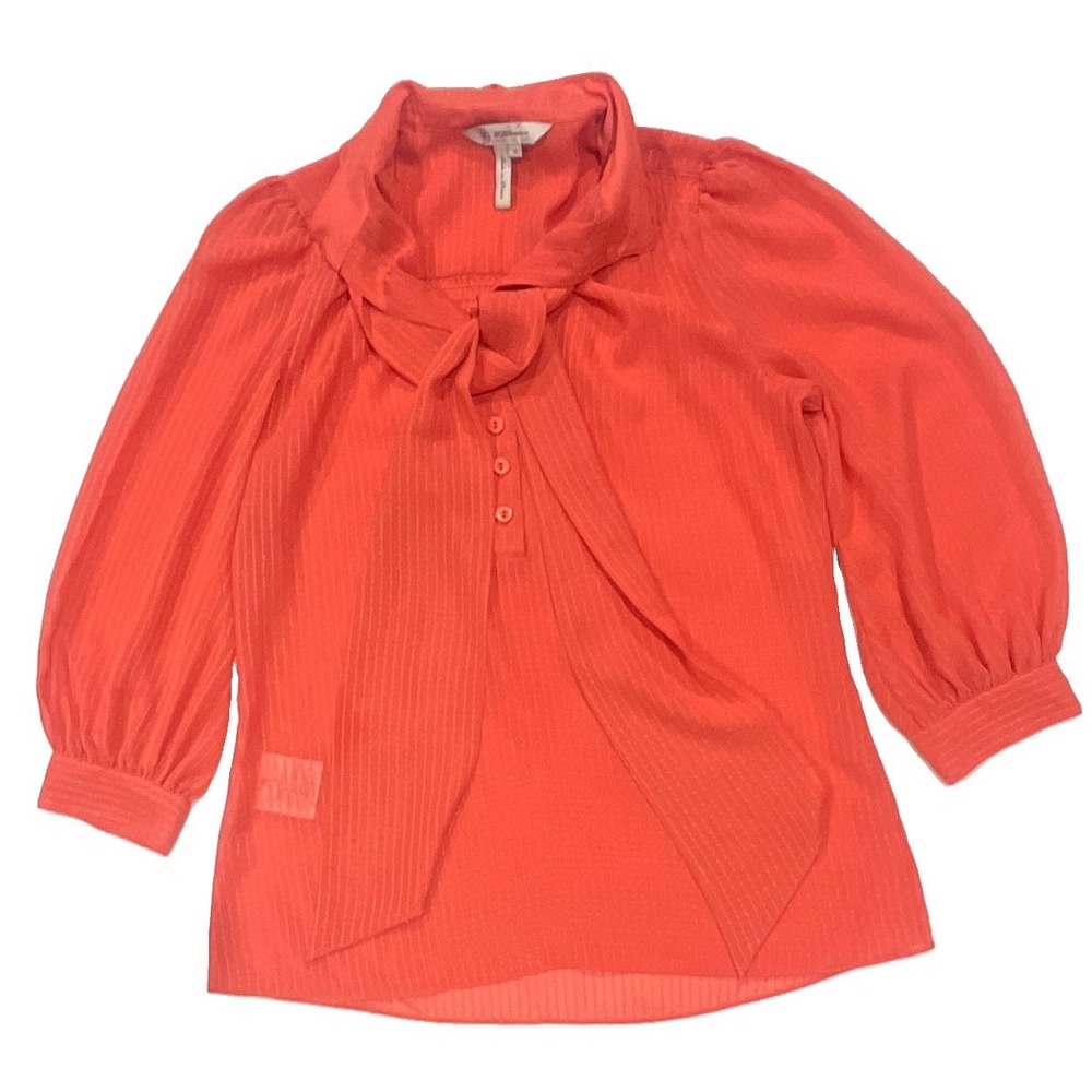 BCBGeneration Coral Pink Tie Neck Dobby Stripe Blouse Puff Sleeve XS